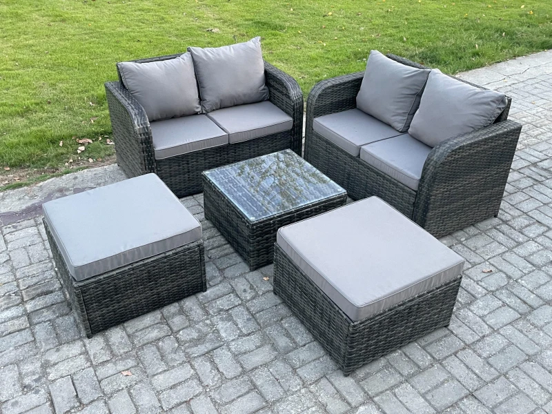 Image of Fimous Rattan Sofa Set Outdoor Garden Furniture Set with Square Coffee Table Loveseat Sofa 2 Big Footstool Dark Grey Mixed Dark Grey