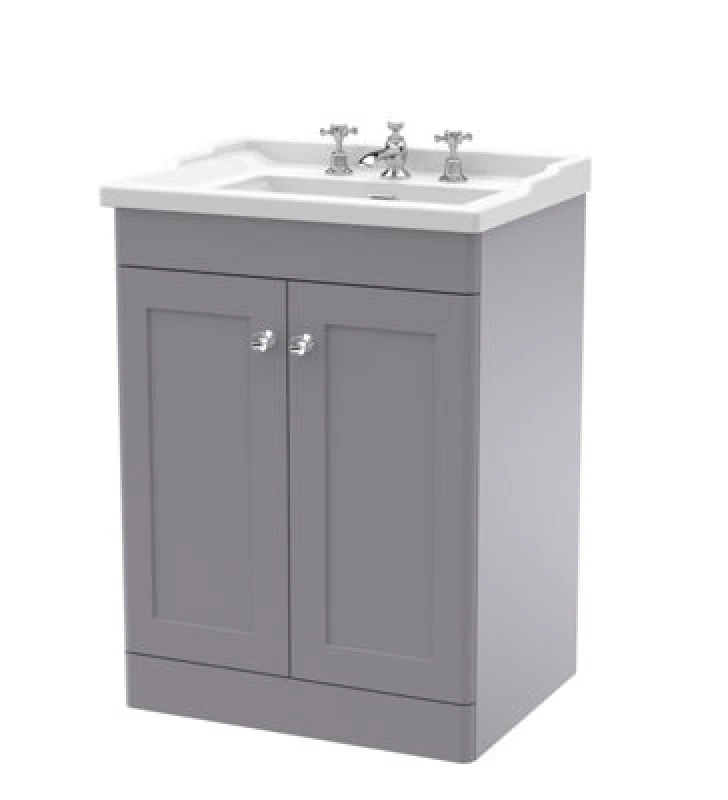 Image of NUIE Classique Floor Standing 2-Door Vanity Unit with Traditional Basin 600mm Wide Satin Grey - 3 Tap Hole - Nuie CLC225G