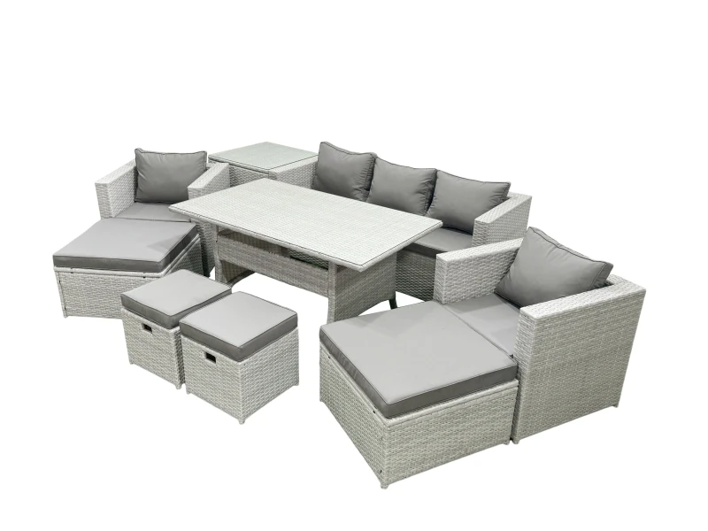 Image of Fimous Rattan Garden Furniture Set Outdoor 9 Seater Patio Dining Sets with Glass Top Dining Table and Side Table Light Grey Mixed Light Grey
