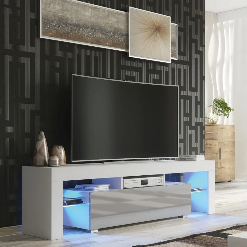 Image of Mex Furniture LTD TV Unit with LED Lighting & Gloss Doors / 160cm in Light Grey Light Grey Unisex