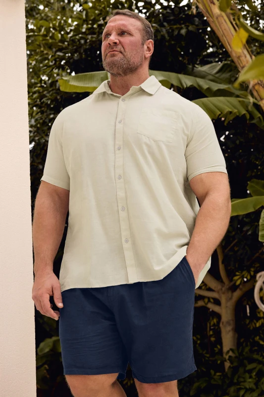 Image of BadRhino Mens Linen Short Sleeve Shirt in Stone Size: Large Stone Male L