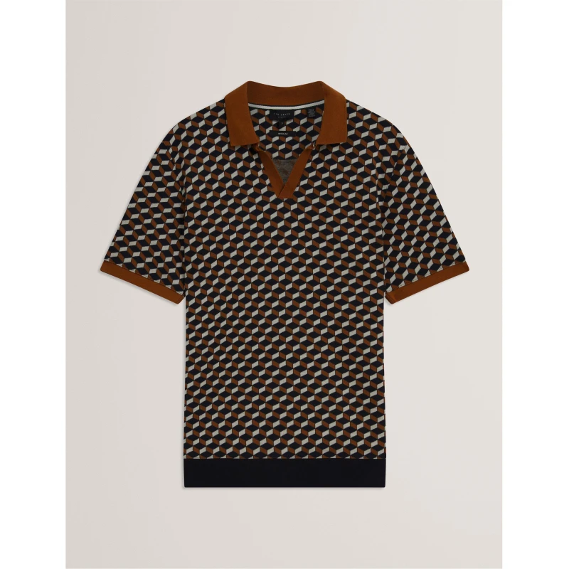 Image of Ted Baker Mens Jacquard Short Sleeve Polo Shirt Brown-Tan male S (2)