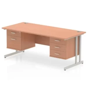Image of Impulse 1600 Rectangle Silver Cant Leg Desk Beech 1 x 2 Drawer 1 x 3 Drawer Fixed Ped