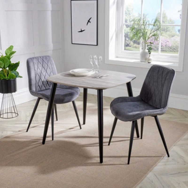 Image of Core Products Aspen Grey Oak Effect 80Cm Square Dining Table With 2 Grey Fabric Diamond Stitch Design Chairs
