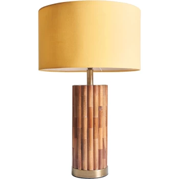 Image of Wooden Cylinder Table Lamp with Fabric Drum Lampshade - Mustard