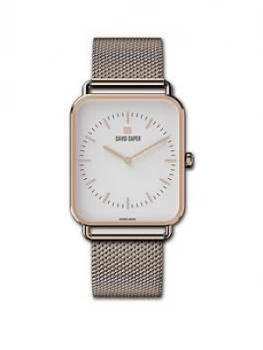 Image of David Daper David Daper White And Rose Gold 34Mm Tank Dial Rose Gold Stainless Steel Mesh Strap Watch