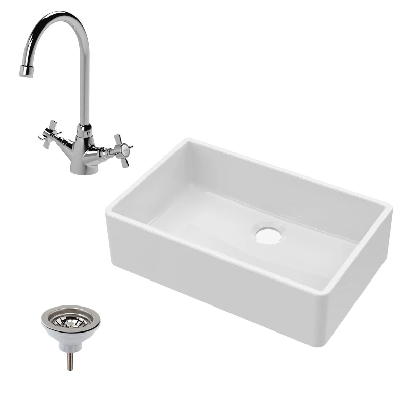 Image of Balterley Fireclay Single Bowl Butler Sink Mono Mixer Tap Waste 795mm White