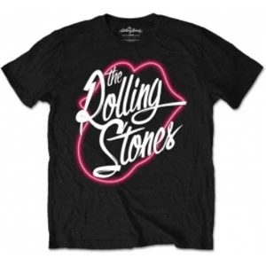 Image of Rolling Stones Neon Lips Script Mens Black T Shirt: Medium