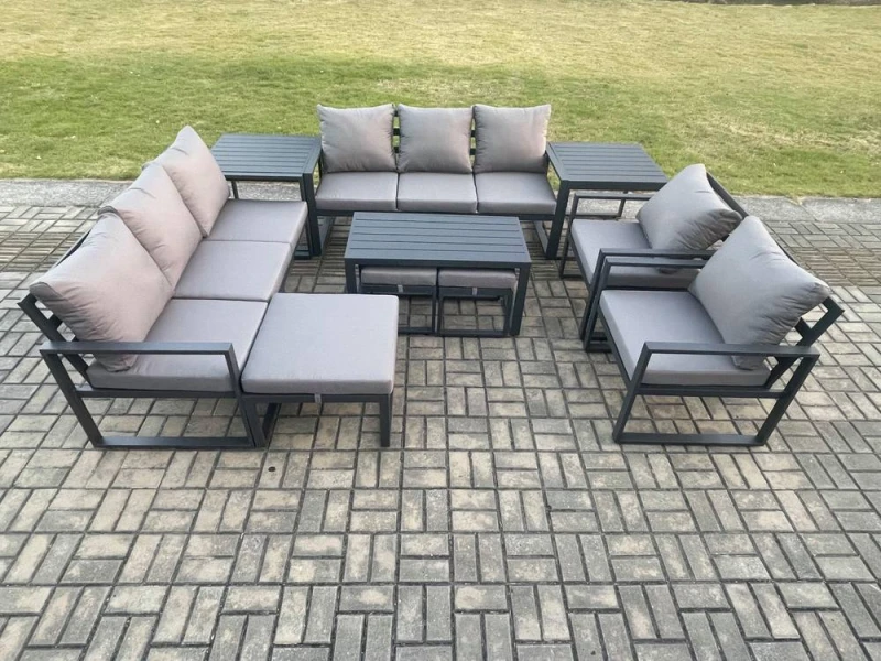 Image of Fimous Aluminium Outdoor Garden Furniture Lounge Sofa 2 PC Chairs Oblong Coffee Table Sets with 2 Side Tables 3 Footstools Dark Grey Dark Grey Unisex