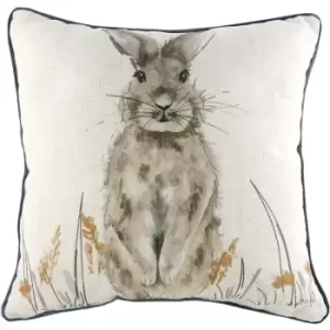 Image of Evans Lichfield Oakwood Hare Cushion Cover (One Size) (Off White/Brown/Grey) - Off White/Brown/Grey