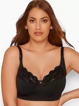 Image of Yours Clothing Black Non Wired Cotton Lace Trim Bra, Black, Size 42D, Women