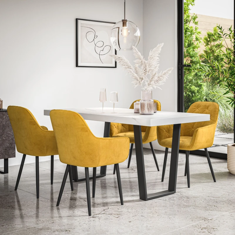 Image of More4Homes Aria Dining Table And Chairs - White Marble Effect Table Top W Black Legs + Anika Velvet Dining Chair Set Of 4 (Mustard)