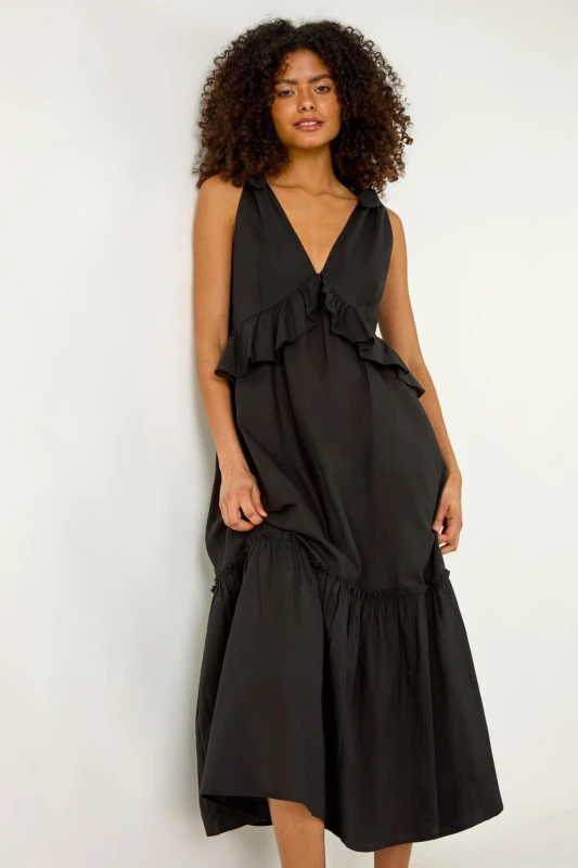 Image of Dusk Womens Bow Detail Poplin Midi Dress in Black Size: 12 Black Female 12