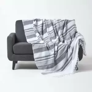Image of Cotton Morocco Striped Monochrome Throw, 255 x 360cm - Grey - Homescapes