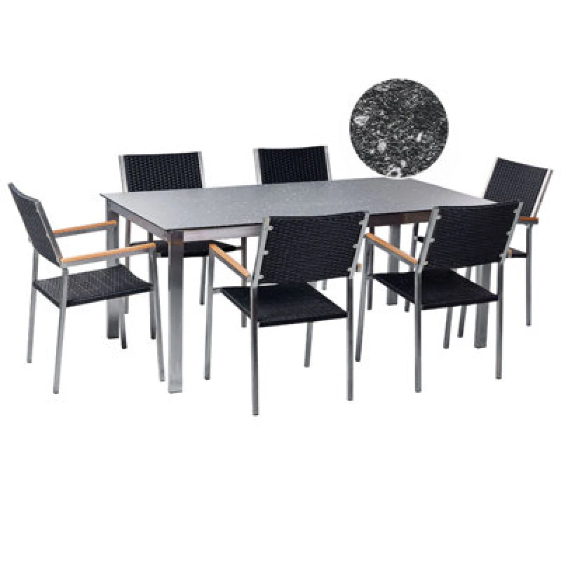 Image of Beliani Garden Dining Set 6 Seater Cosoleto/Grosseto Tempered Glass Granite Effect Black 418998