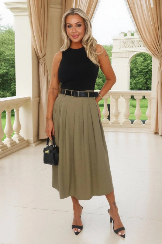 Image of AX Paris Womens Khaki 2 in 1 Pleated Skirt Belted Midi Dress Size: 8 Khaki Female 8