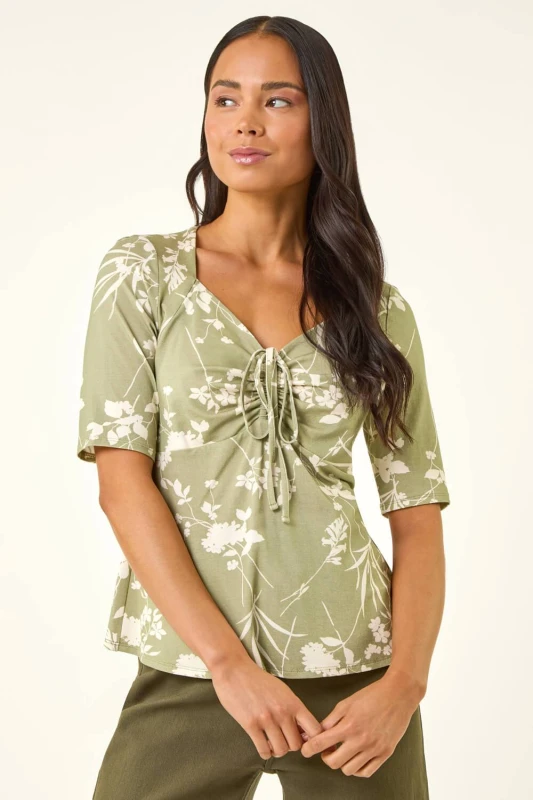 Image of Roman Womens Petite Floral Print Drawstring Top in Khaki Size: 12 Khaki Female 12