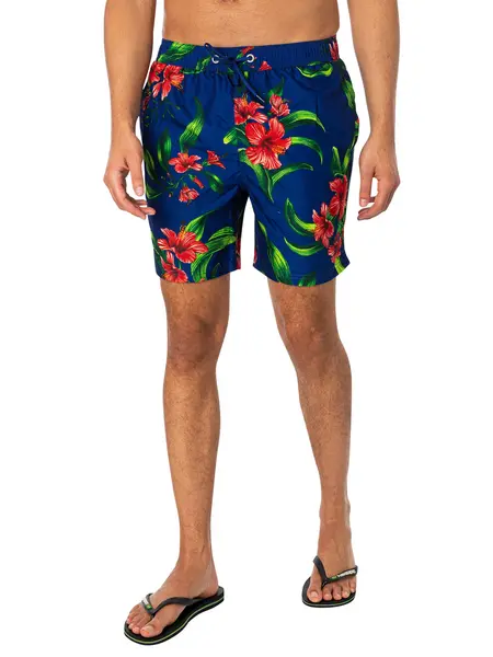 Image of Superdry Hawaiian Print 17 Swim Shorts Hibiscus Royal Blue XL