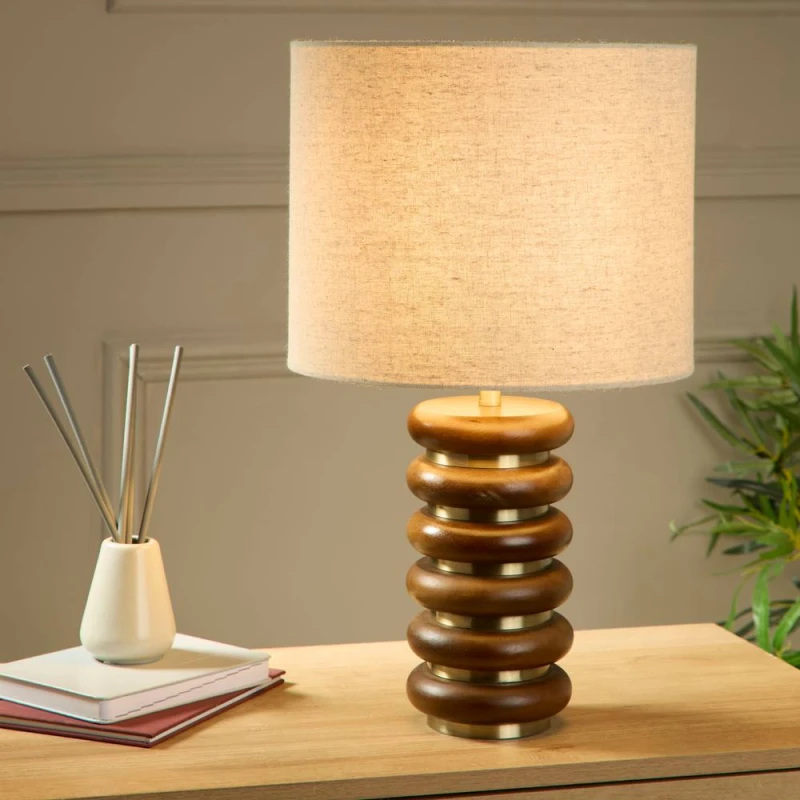 Image of Searchlight Wood & Brass Ribbed Table Lamp Brown - Searchlight Brown MP38401
