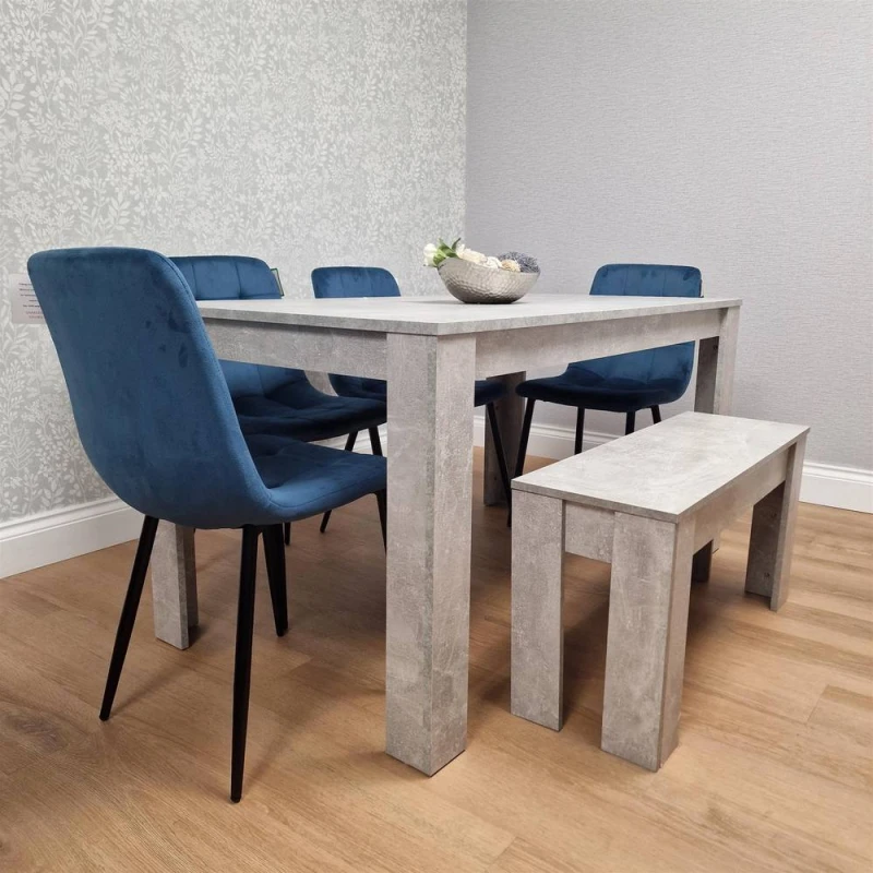 Image of KOSY KOALA Modern Stone Grey Effect Dining with Bench & 4 Blue Velvet Chairs Blue Unisex