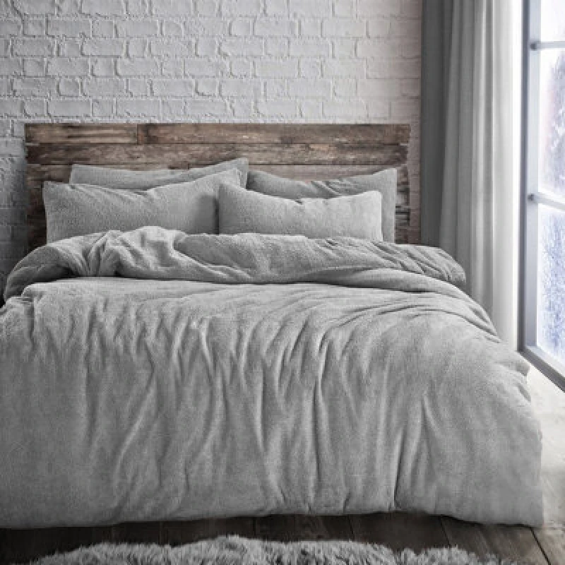 Image of Velosso Teddy Fleece Duvet Cover & Pillowcase Set - Button Enclosure, Machine Washable Bedroom Essentials - Ash Grey