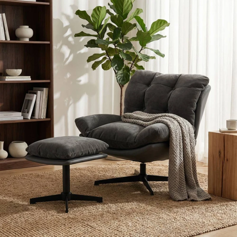 Image of HOMCOM Accent Chair with Footstool, Modern Swivel Lounge Chair, Dark Grey Size: Armchair Dark Grey Unisex Armchair