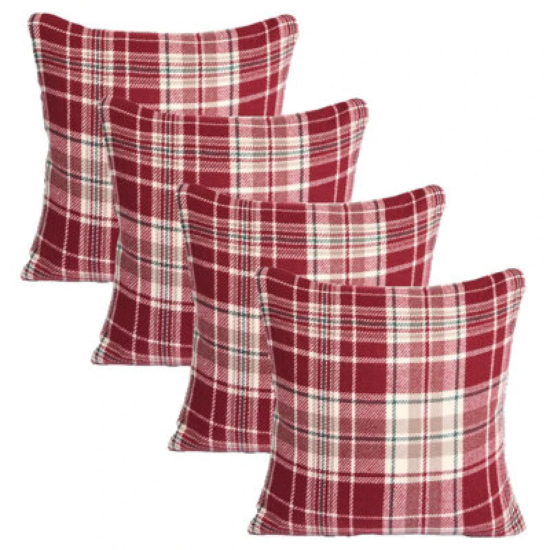 Image of OHS OHS Woven Check Cushion Covers Tartan Pack of 4 Case Pad Set 18" x 18" Home in Red Size: 45cm x 45cm Red 45cm x 45cm Unisex 5027434208098