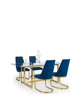Image of Julian Bowen Minori 200 Cm Glass Top Dining Table + 4 Vittoria Chairs - Blue/Gold