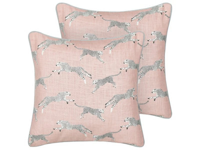Image of Beliani Set Of 2 Decorative Cushions Arales Cotton 45 X 45cm Pastel Pink Animal Pattern