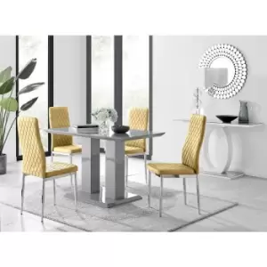 Image of Furniturebox UK - Furniturebox Imperia 4 High Gloss Grey Modern Dining Table and 4 Mustard Milan Faux Leather Dining Chairs With Silver Legs Diamond