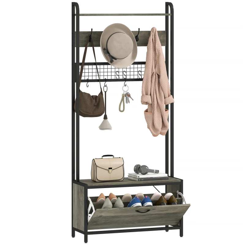 Image of HOMCOM HOMCOM 5-In-1 Coat Rack with Shoe Storage Bench for Hallway Living Room in Grey Grey One Size Unisex 5063603844384
