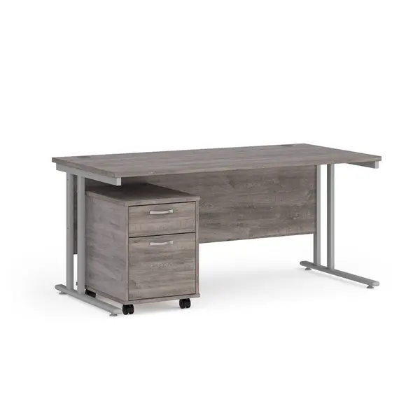Image of Maestro 25 Straight Desk with Silver Cantilever Frame and 2 Drawer Pedestal - Grey Oak - 1600mm x 800mm
