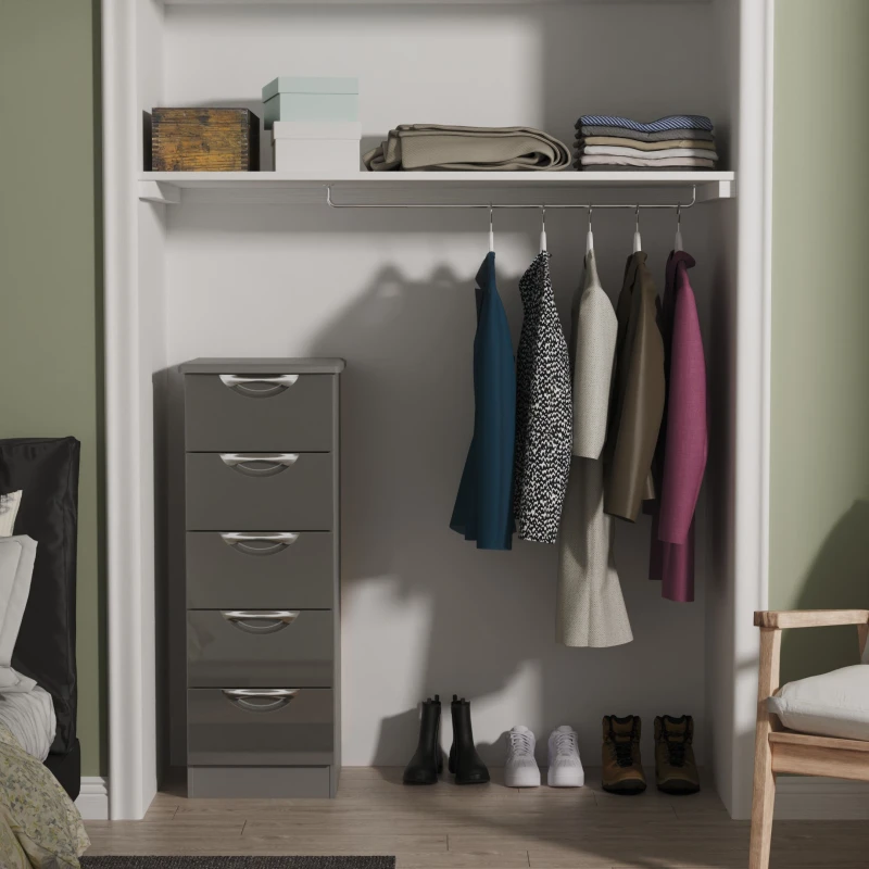 Image of Welcome Furniture Ltd Camden 5 Drawer Tall Bedside Cabinet in Grey Gloss & Dusk Grey - Ready Assembled, Grey CAM003GGDG