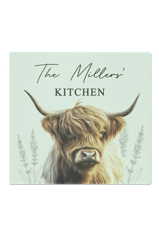 Image of Personalised Memento Company Personalised Highland Cow Glass Chopping Board Clear