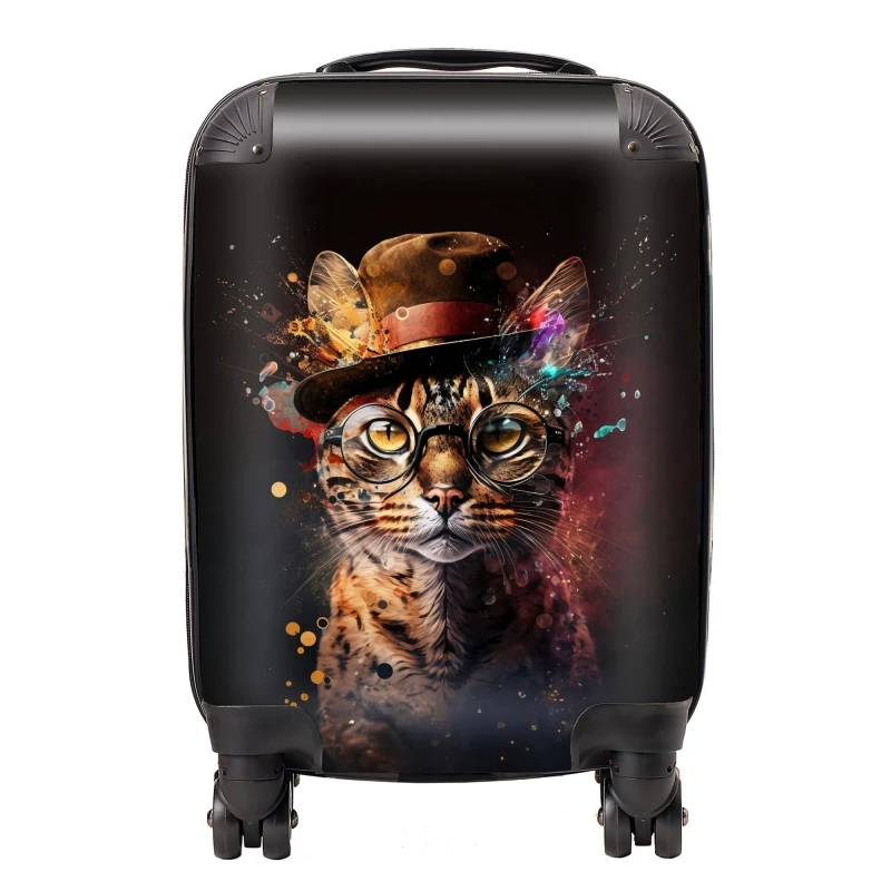 Image of Warren Reed - Designer Bengal Cat & Hat Splashart Suitcase Size: Medium Multicolor Unisex Medium