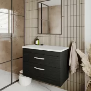 Image of Nuie - Athena Wall Hung 2-Drawer Vanity Unit with Sparkling White Worktop 800mm Wide - Charcoal Black Woodgrain