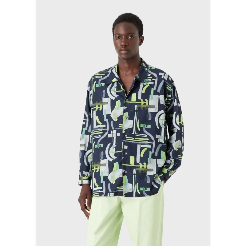 Image of Emporio Armani Abstract Print Long Sleeve Shirt Navy male XS