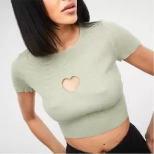 Image of Missguided Petite Rib Heart Cut Out Crop Knit Top - Green