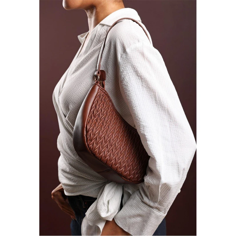 Image of Wheres That From Quilted Crescent Shoulder Bag in Chain Detail Brown female One Size