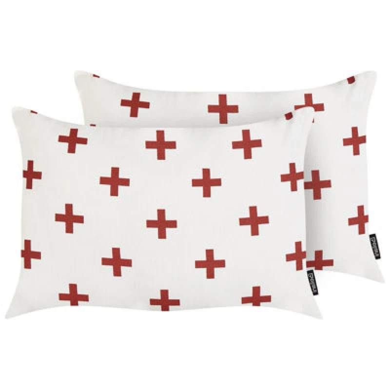 Image of Beliani Set Of 2 Decorative Cushions Velleia Cotton 50 X 35cm White Geometric Pattern