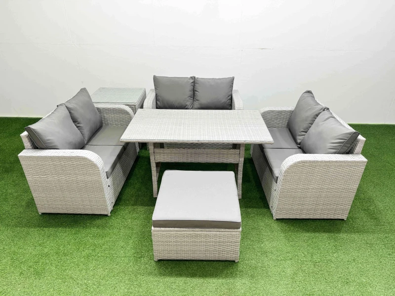 Image of Fimous 7 Seater PE Wicker Rattan Furniture Sofa Sets with Rectangular Dining Table 2 Seater Love Sofa Big Footstool Side Table Light Grey Light Grey