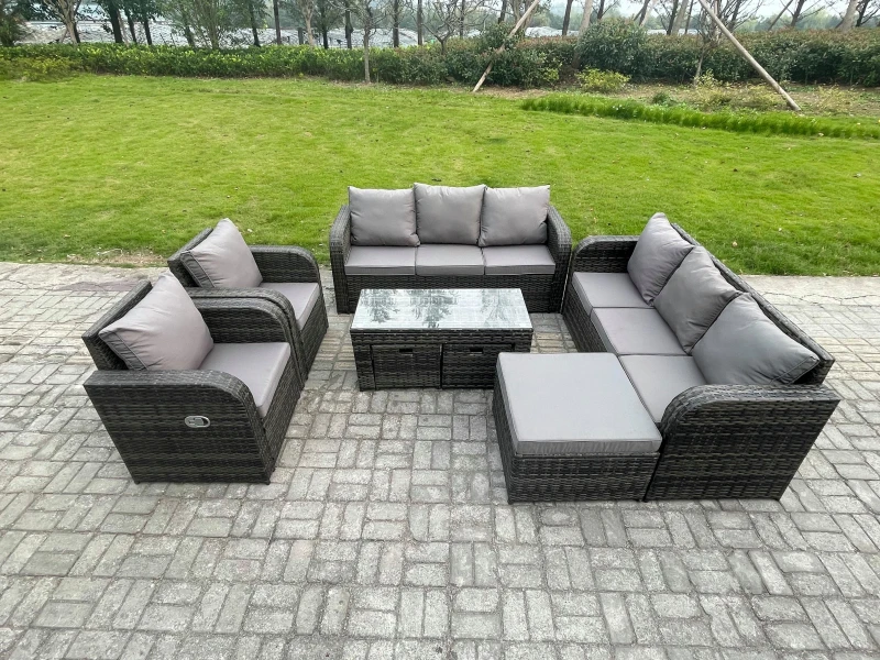 Image of Fimous 11 Seater Wicker PE Rattan Sofa Set Outdoor Patio Garden Furniture with 2 Reclining Chairs Coffee Table 3 Footstools Dark Grey Mixed Dark Grey