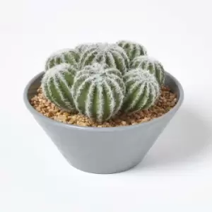 Image of HOMESCAPES Artificial Barrel Cactus Arrangement in Round Grey Pot, 17cm Tall - Green