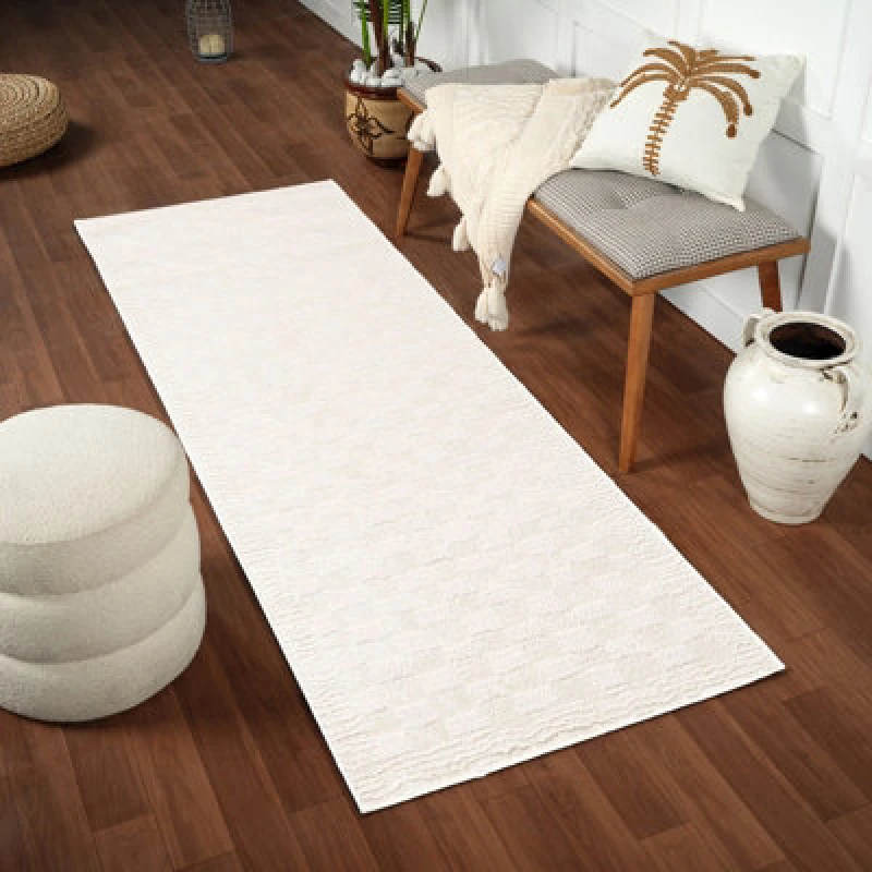 Image of Livabliss Scandi Modern High Pile Off-White Checkered Ekta Runner Rug 80 X 220 Cm - Easy Care, Ideal For Hallway Or Beside The Bed