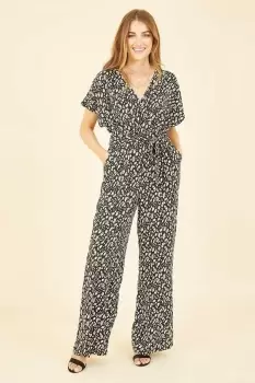 Image of Black Animal Print Kimono Jumpsuit