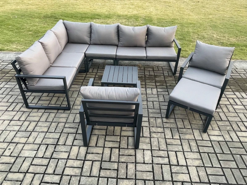 Image of Fimous 9 Seater Aluminium Garden Furniture Set Outdoor Lounge Corner Sofa 2 Pcs Chair Square Coffee Table Sets with Big Footstool Dark Grey Dark Grey