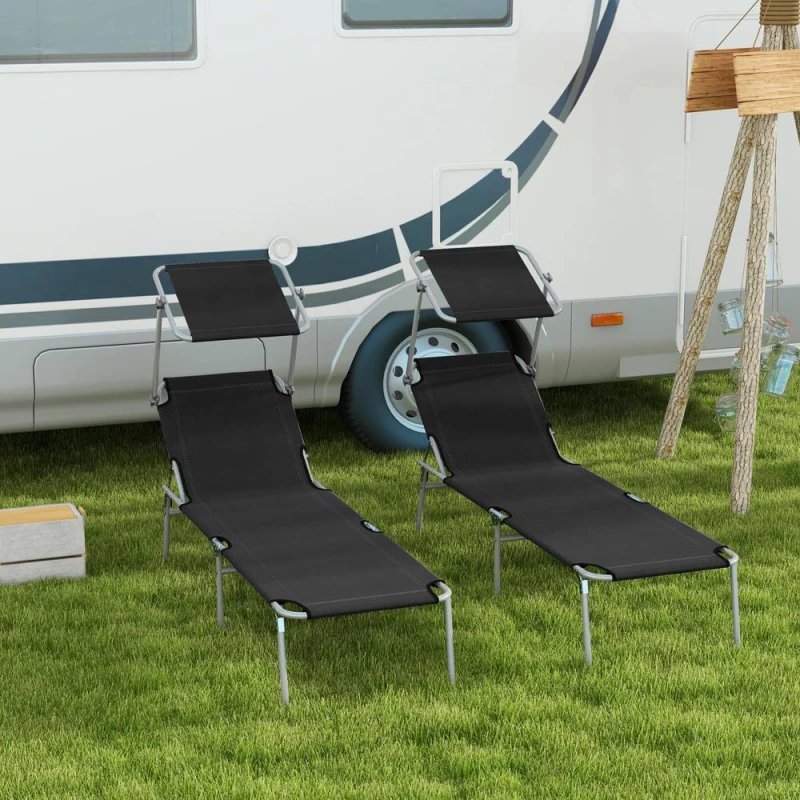Image of Outsunny Folding Sun Lounger Set of 2 w/ Sunshade Adjustable Backrest Black 84B-001V01BK