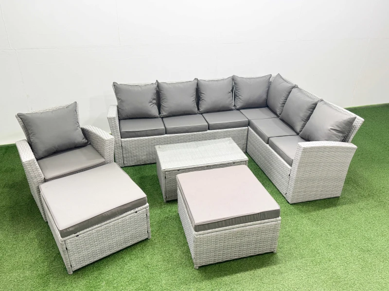Image of Fimous Garden Outdoor Rattan Furniture Set 9 Seater Rattan Garden Sofa Set in Light Grey Light Grey Unisex