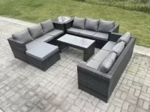 Image of Fimous 9 Seater Outdoor Dark Grey Rattan Garden Furniture Lounge Sofa Set with Oblong Rectangular Coffee Table, Side Table and Big Footstool