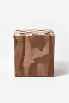 Image of Check Cube Pouffe Leather and Suede 36 x 36 x 38 cm